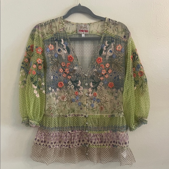 Johnny Was Tops - Johnny Was Multicolor Floral Embroidered 3/4 Sleeve Sheer V-Neck Blouse Large